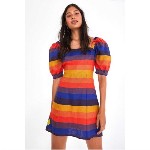 Farm Rio Rainbow Puff Sleeve Linen Mini Dress - Picture 10 of 10